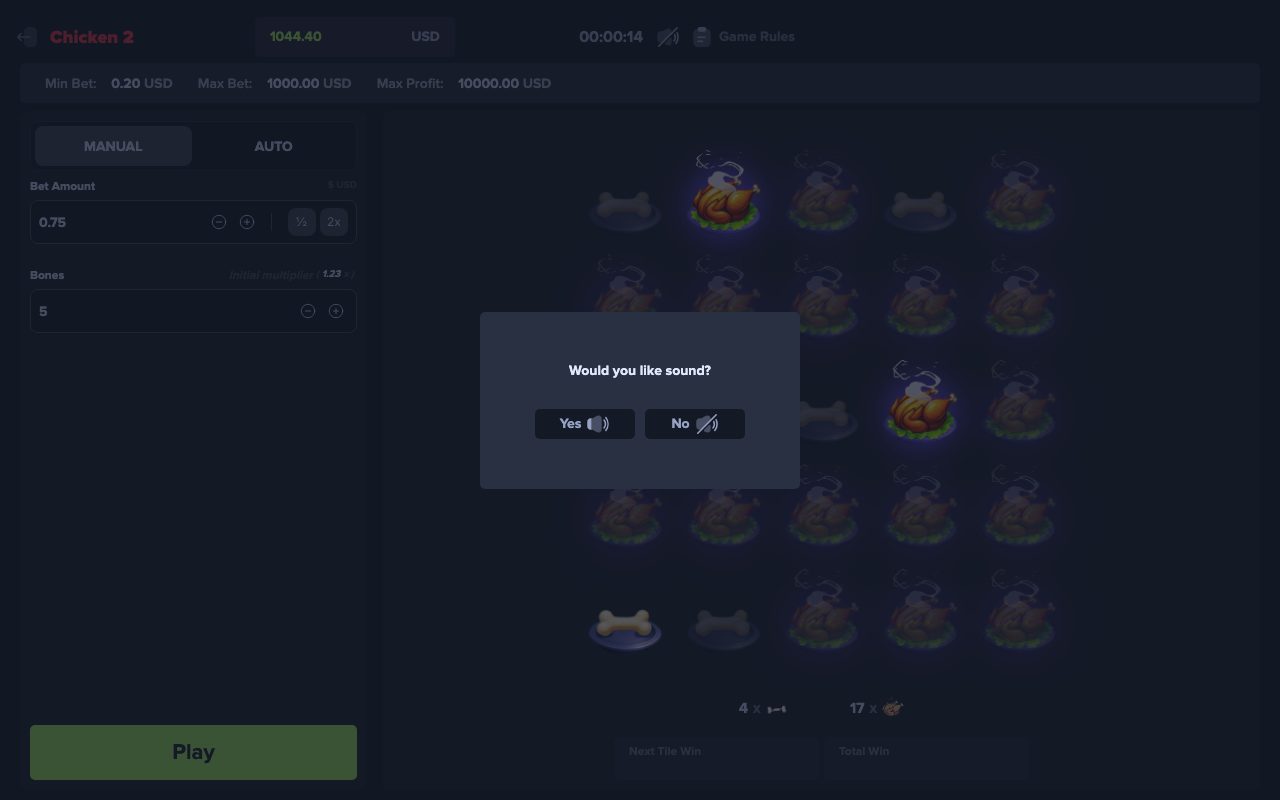 Chicken 2 Spielansicht – aufgedeckte Felder und aktueller Multiplikator
