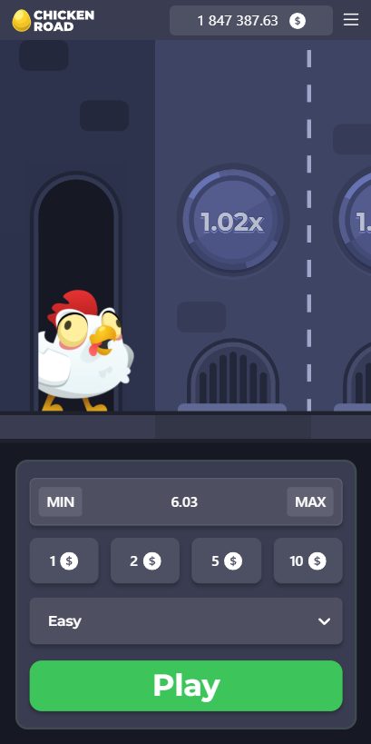 Chicken Road Spiel Screenshot - Huhn überquert Strasse mit steigendem Multiplikator